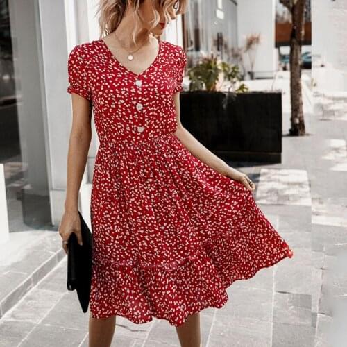 GOOHOJIO Summer Elegant Boho Floral Print Midi Dress Women V Neck Button Fashion Beach Ruffles Dresses Women Sundresses vestidos