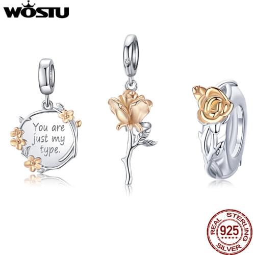 WOSTU Real 925 Sterling Silver Rose Flower Charms Fit Original Bracelet DIY Necklace Pendant Valentines Day Jewelry Lover Gift
