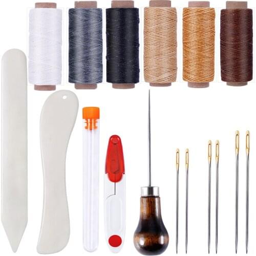 Nonvor Professional Leather Stitching Sewing Craft Tools With Waxed Thread Large Eye Sewing Needles Scissor Awl Bone Folder