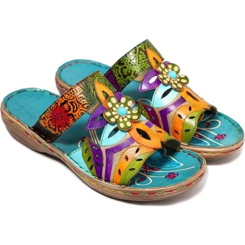 Bohemian Genuine Leather Shoes Women Sandals Vintage Printing Forest Hook Loop Wedge Heel Women Slippers Summer New