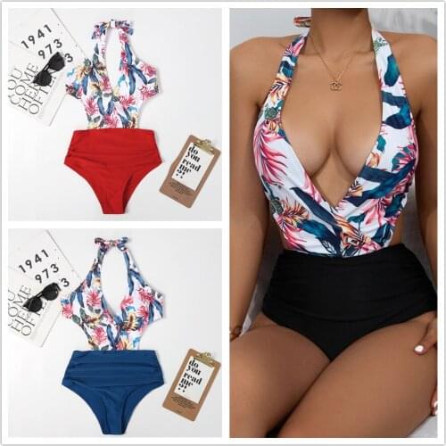 Sexy Cut Out Monokini Two Piece Swimsuit Women Floral Print Push Up Bikinis Knotted Bathing Suit Swimwear Bodysuit Beach Wear