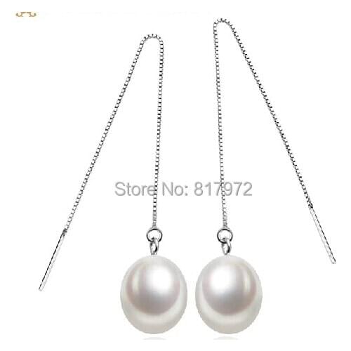 100% Real pearl 9-10mm Bead 925 Silver Chain Natural highlight Pearl Dangle Earring Freshwater Shining Jewelry For Woman Gift