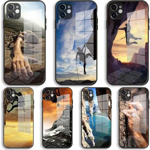 Rock climbing one hand Soft Glass Silicone Case For iPhone 12 11 Pro X XS Max XR 8 7 6 Plus SE 2020 S Mini Balck Cover