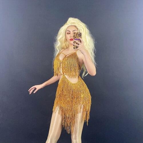 Sexy Stage Gold Fringes Dance Costume Party Outfit Tassel Bodysuit Evening Birthday Party Stage Wear Nightclub Performance Dress