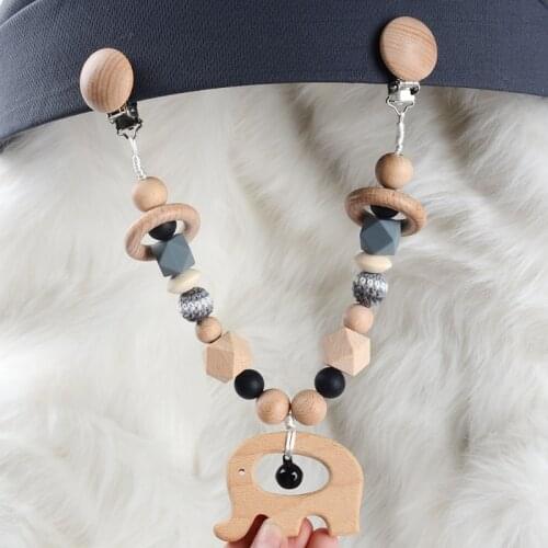 T5EC Baby Teether Stroller Pendant Pacifier Chain Rattle Pram Clip Wooden Animal Toy