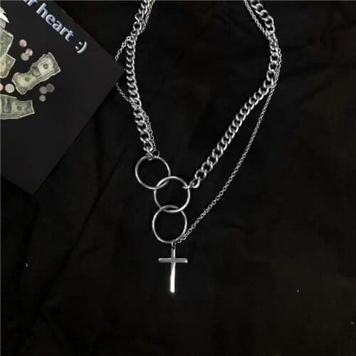 U-Magical Hip Hop Circle Metallic Cross Pendant Necklace for Women Silver Color Chunky Chain Double Layers Necklace Jewellery