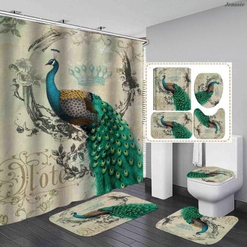 Green Peacock Feather Shower Curtains With Toilet Cover Bath Mat U-shaped Toilet Seat 3D Print Bathroom Curtain With 12 Hooks
