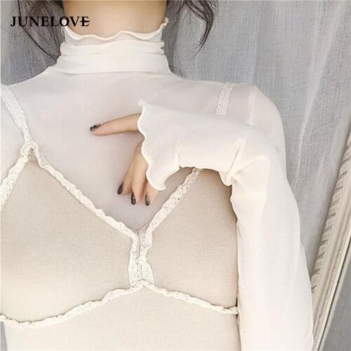 JuneLove New Transparent Korean Loose Women Lace Blouse 22 Colors Female Bottoming Blouses Elastic Korean Fashion Cheaper Tops