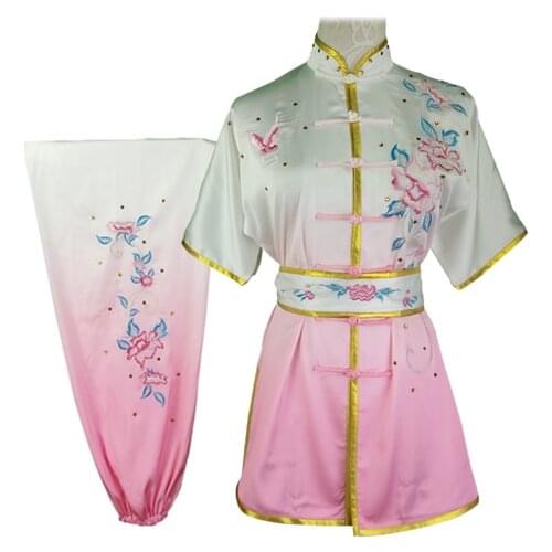 Customize women embroidery gradient flower kungfu nanquan changquan suits pink martial arts uniforms girl kids wushu clothing