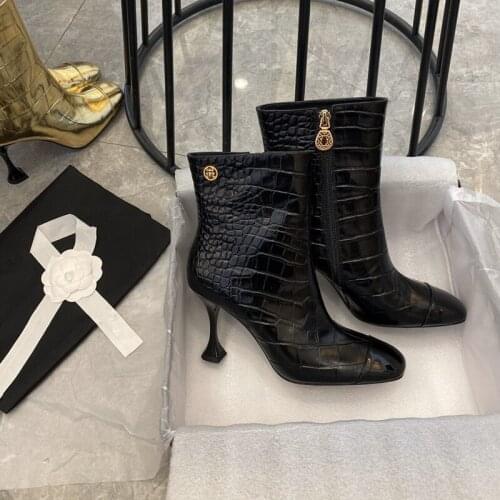 Women Luxury Motorcycle Boots Genuine Leather Solid Black Gold Zipper Stiletto High Heels Autumn Snake Skin Round Toe Sexy Boots