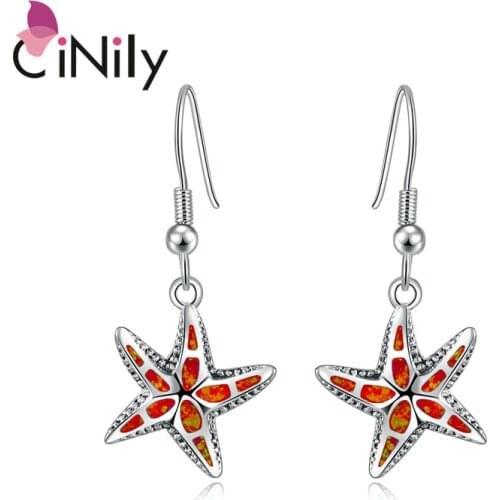 CiNily Starfish Orange Fire Opal Women Jewelry Silver Plated Dangle Earrings 1 3/8" OH3561