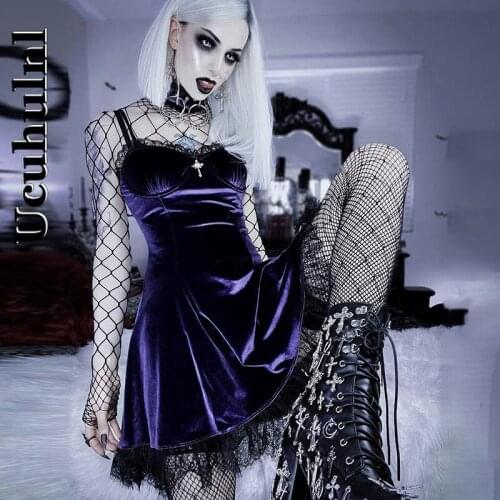 Ucuhulnl Gothic Dark Girl Lace Mini Skirt Vintage Velvet A Line Lolita Sling Dress High Waist Ladies Club Party Princess Dresses