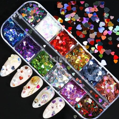 12 Grid/Set Holographic Nail Glitter Sequins Sparkly 3D Heart Round Laser Paillette Flakes Decor for Nail Art Accessories