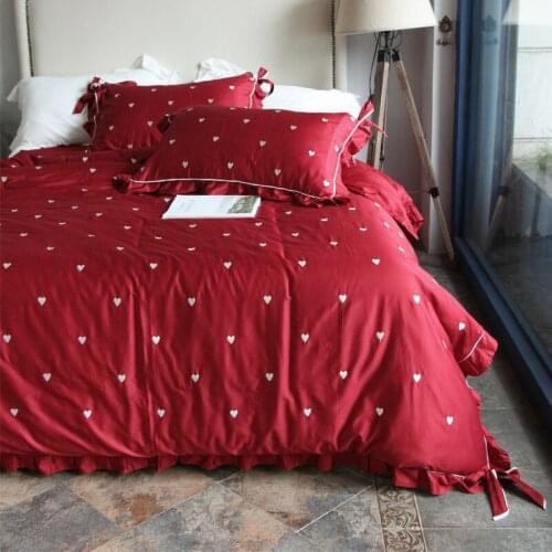 Lovely Red Heart Bowknot Egyptian Cotton Embroidery Luxury Bedding Set King Queen Bed Sheet set Duvet cover Pillowcase 4/6pcs