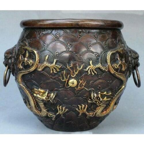 8" Old China Palace Bronze Gilt Lion Head Dragon Play Fire Ball Pot Jar Crock