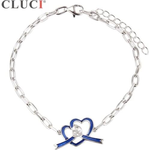 CLUCI 925 sterling silver Autism Awareness Adjustable Bracelet Accessary to match pearl Ribbon Awarenes Caring And Love SB067SB
