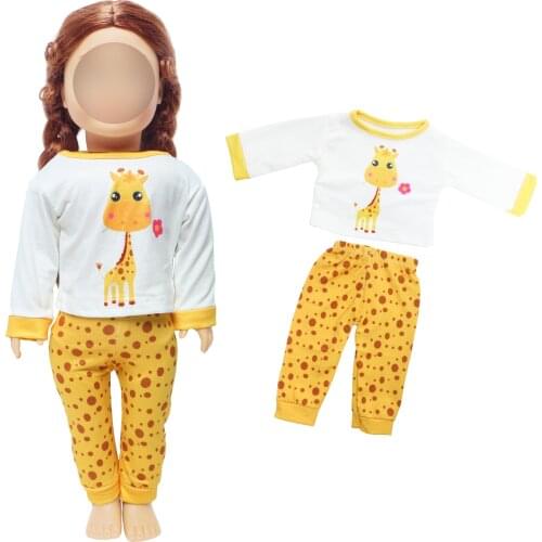 BJDBUS 1 Set Handmade Yellow Doll Outfit Cute Animal Pattern Daily Wear Pajamas Home Clothes for American 18" Baby Girl Toys