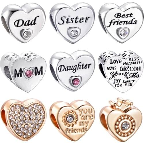 CUTEECO Free Shipping Sister Daughter Friend Love Heart Silver Plated Charms Bead Fit Brand Bracelet For Women DIY Jewelry
