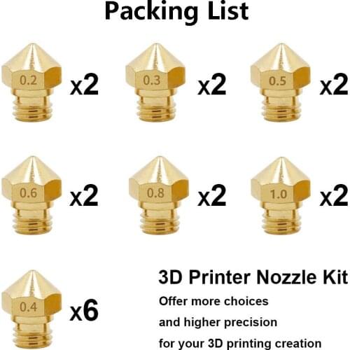 MK10 Brass Nozzle for 3D Printer 18 Pcs M7 Brass Extruder Head Hotend Nozzles 0.2/0.3/0.4/0.5/0.6/0.8/1.0mm fit 1.75mm Filament