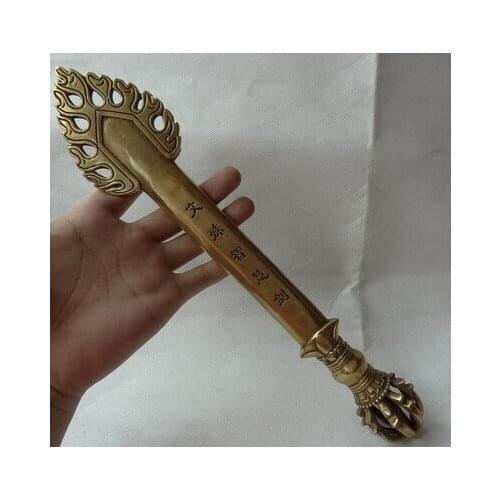 Copper Brass CHINESE crafts decor ation Asian 12" Tibet Brass Buddhist Manjushri Buddha Sword Statue WenShu Dagger Holder