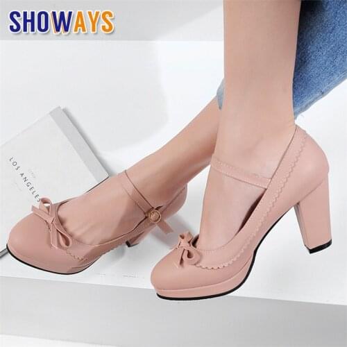 Plus Size Sweet Mary Janes High Chunky Heels Women Pumps Pink Red White Wedding Party Lady Round Toe Bowknot Buckle Strap Shoes