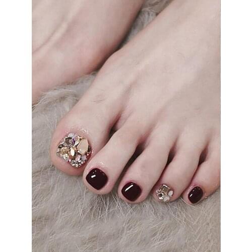Full Toe Nail Sticker Cherry Red Rhinestones Toe Nails Decals Toe Nail Wraps Art Nail Design Summer Gold Diamond False Manicure