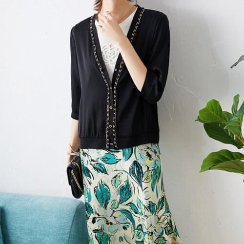 Chain New Sweet wind blockbuster elastic silk blouse, 22 m double Joe v-neck 7 minutes of sleeve cardigan