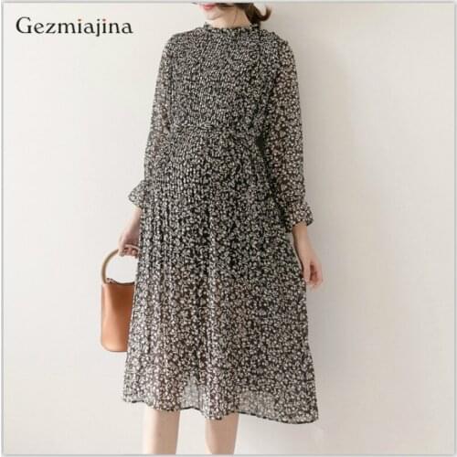 New Pregnancy Wear Clothes Maternity Dress Fashion Long Sleeve Mandarin Collar Pregnant Printing Chiffon Dress Plus Size