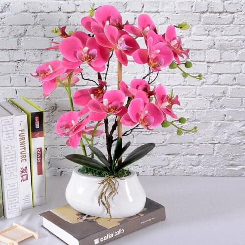 9 Heads Orchid Ceramic Basin Artificial Flower Phalaenopsis Potted Wedding Artificial Flower Silk Feel Glue Home Decor Indoor