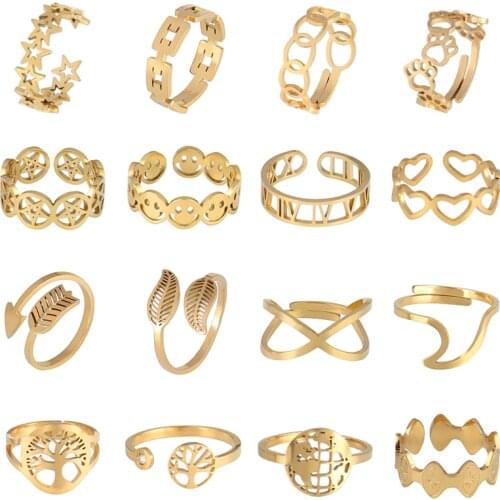 Punk Stainless Steel Rings For Women Geometric Open Finger Ring Statement Smiling Face Ring Womens Chain Ring Rings Jewelry
