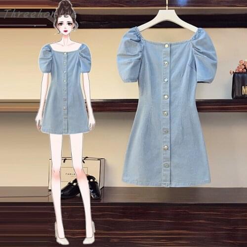 Plud Size Summer 2021 Women Vintage Elegant Demin Dress Square Collar Buttons High Waist Sexy Mini Lady Fashion Dress Vestidos
