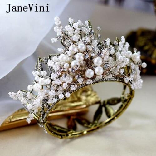 JaneVini Baroque Luxury Handmade Pearls Bridal Crowns Tiaras Gold Beaded Diadem Crown for Bride Wedding Jewelry Hair Accessories