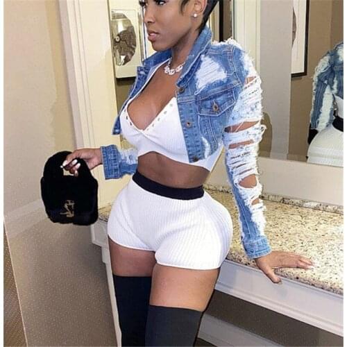 Puloru Holes Ripped Jeans Jackets Sexy Womens Short Denim Coats Crop Tops Long Sleeve Turn-down Collar Slim Outerwear XXL