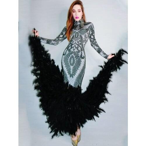Silver Crystal Black Feather Dress Women Gogo Evening Party Long Tailed Dress Birthday Ceremony Singer Stage Cosktume VDB3609