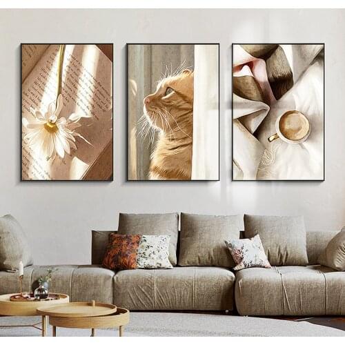 Modern Still Life Poster Wall Art Yellow Cat Canvas Print Warm Sunshine Pictures Abstract Nordic Posters and Prints Home Decor