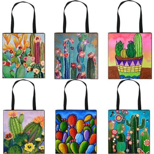 Cactus Print Handbag Girl Travel Large Capacity Shoulder Bag Cute Cactus Environmental Protection Foldable Shopping Storage Bag