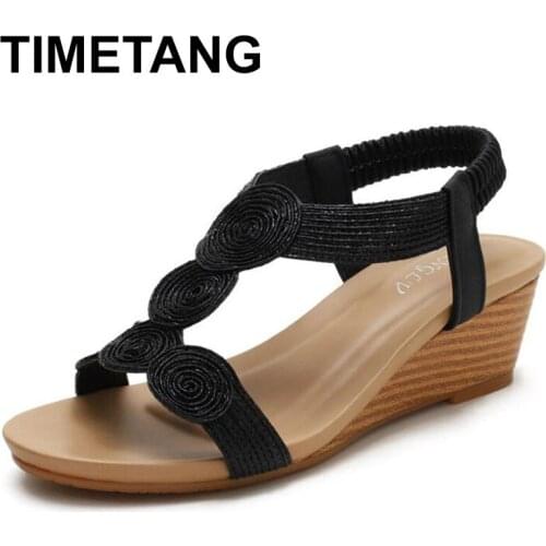 TIMETANGRoman Slope Heel Sandals Summer New Style With Comfortable Casual Large Size Womens Shoes Mid-Heel Bohemian Leathershoe