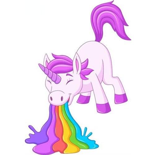 13cm for Cartoon Funny Unicorn Pukes Liquid Rainbow Car Stickers and Decals Vinyl Car Accessoires Waterproof Decor