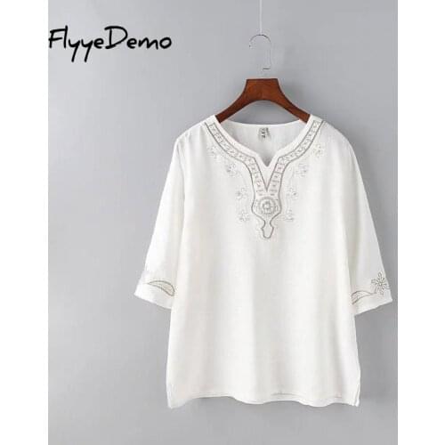 4XL Autumn Spring Boho Style Vintage V Neck Floral Embroidery T Shirt 2020 Fashion White Cotton Shirt Plus Size Brand Top