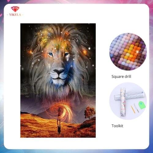 YIKELA 5D Animal Diamond Mosaic Cross Stitch Decor Kit Full Square Embroidery Rhinestones DIY Colored Lion Diamond Painting Gift