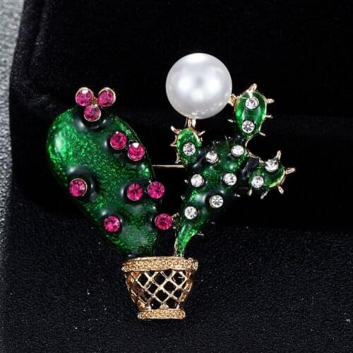 Green Rhinestone Enamel Cactus Brooches For Women And Men Alloy Flower Brooch Pins Banquet Broche Girls Bag Pins Pearl Broches