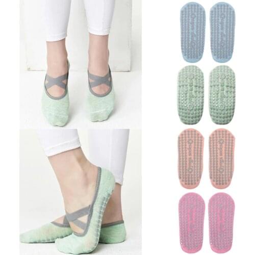 Womens Yoga Socks Non Slip Sticky Toe Grip Silicone Dot Criss Cross Strap Solid Color Hosiery for Pilates Ballet Dance