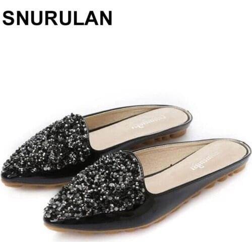 SNURULAN Women Sandals Crystal Leather Sandals Flat Sandals Soft Sole Peas Shoes Female Sandals Flip Flops Women Casual Slippers