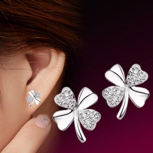 1 Pair Silver Color Stud Earrings Lucky Clover Scrub Flower Sweetheart Accessories Vintage Earring Women