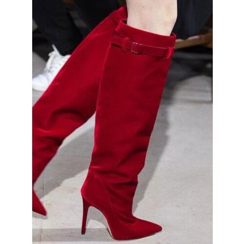 Dipsloot Winter New Woman Solid Red Velvet Pointed Toe Knee High Boots Female Stiletto Heels Buckle Tube Long Boots Big Size 44