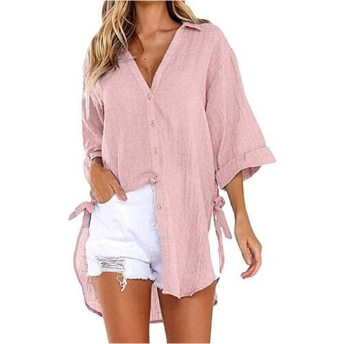 Spring and Summer Womens Solid Color Sexy V-neck Single-breasted Button Lace Irregular Top Casual Loose New Style T-shirt