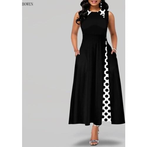 Womens Peter Pan Sleeveless Summer Polka Dot Patchwork Elegant Long Dress Casual A Line Party Swing Maxi Dress Vestidos