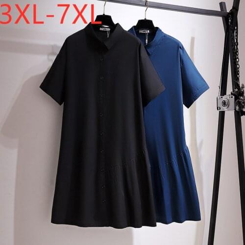 New Ladies Summer Plus Size Shirt Dress For Women Large Short Sleeve Loose Cotton Black Ruffle Mini Dress 3XL 4XL 5XL 6XL 7XL