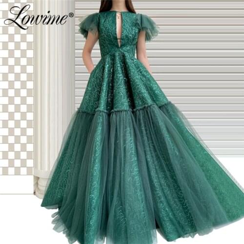 Emerald Green Evening Dresses Capped Sleeves Women Sequined O Neck Elegant With Train Party Gowns 2020 Prom Dresses Long Vestido