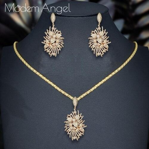 ModemAngel 50mm luxury Flower Line Wheel Full Micro Paved Cubic Zircon Wedding Women 2PCS Necklace Earring Fashion Jewelry